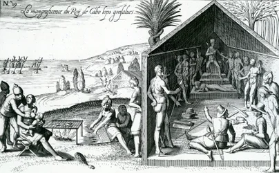 Der König empfängt europäische Besucher, Kap Lopez, Gabun, Afrika, 16. Jahrhundert